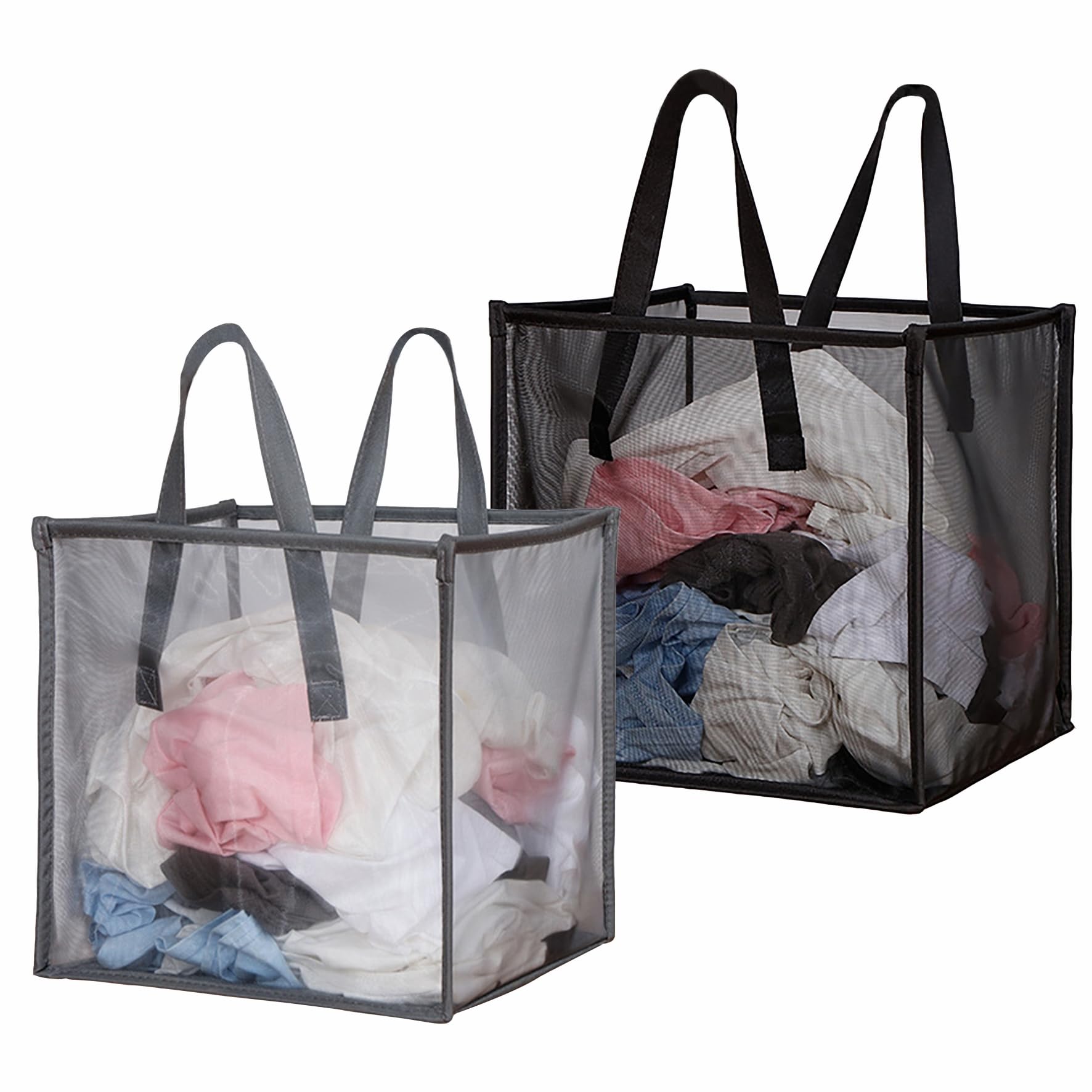 BOSNONA 2 Pack Mesh Pop Up Laundry Basket with Handles 32L Portable and Foldable Laundry Hamper Washing Baskets for Tidy Storage Clothes Toys (1 Pack Grey+1 Pack Black)