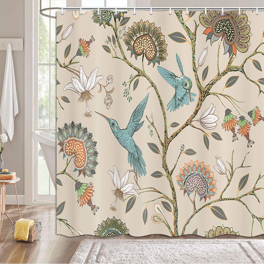 GOOESING Khaki Floral Pattern Shower Curtain, Modern Bohemian Style Flower Blue Birds Print Bathroom Shower Curtain, Elegant Lovely Flowers Animal Print Bathtub Curtain with Hooks