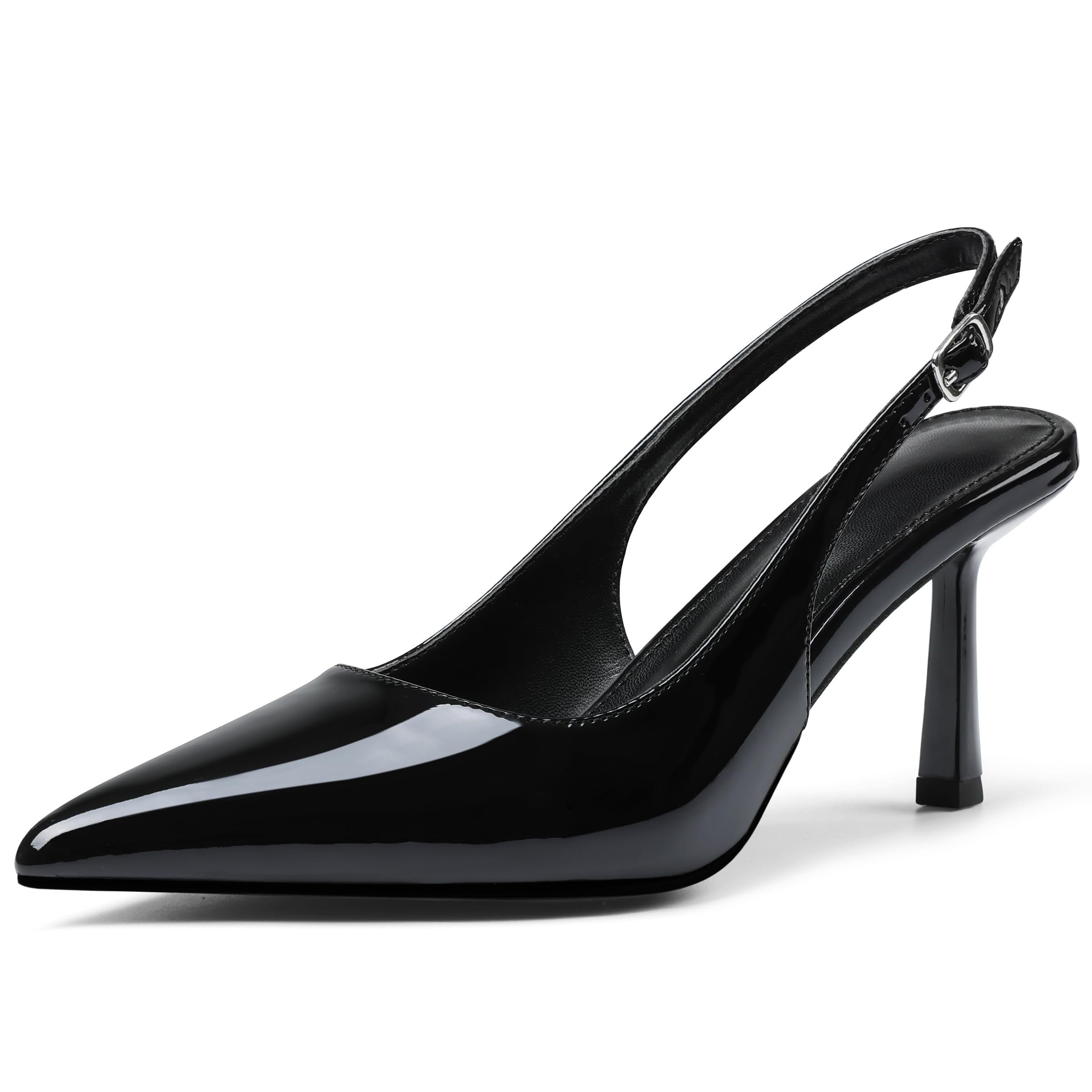 Photo 1 of ***BROKEN STRAP***Black Pumps for Women with Buckle Pointed Toe Sling Back Kitten Heels Comfortable High Heeled Sandals Womens Fashion Dress Shoes Size 8