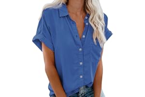 ATTINE Women's Workout Summer Casual Tops, Womens Solid Button Up Top Short Sleeve T-Shirts Lapel Neck Birthday Gifts Tees
