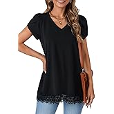 LYANER Women's Casual V Neck Lace Hem Short Sleeve Flowy Blouse Tunic T-Shirt Tee Top