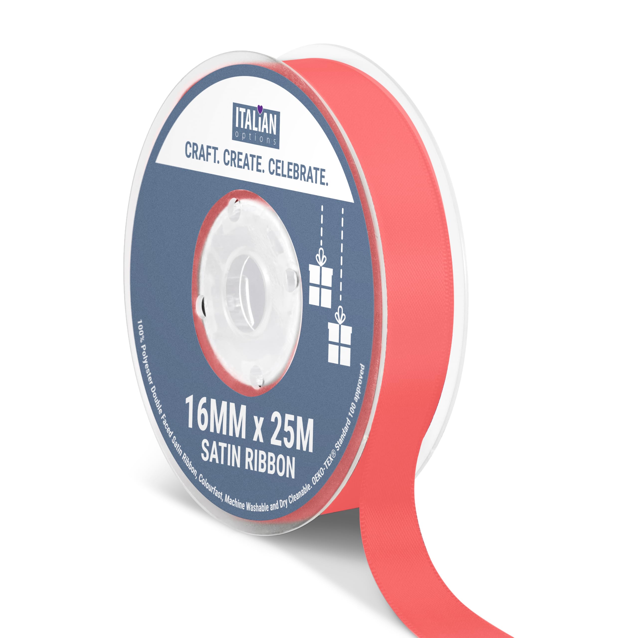 Italian Options Satin Ribbon, Fabric Ribbons for Gift Wrapping, Crafting, Balloons, Wedding Car, Presents, Cake, Christmas, Birthday, Gift Wrap Accessories, 16mm Wide x 25 Metre Roll, Coral