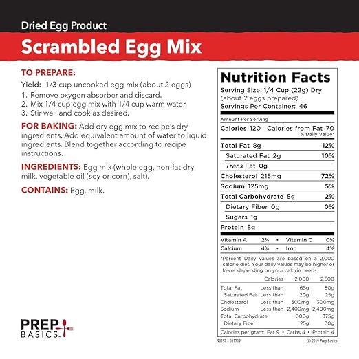 Prep Basics Scrambled Egg Mix Emergency Food Supply 11 040 Total Calorie 736 Totalg Protein Shelf Lifeup To 10 Years 36 Oz Can Pack Of 2 Amazon Com Grocery Gourmet Food