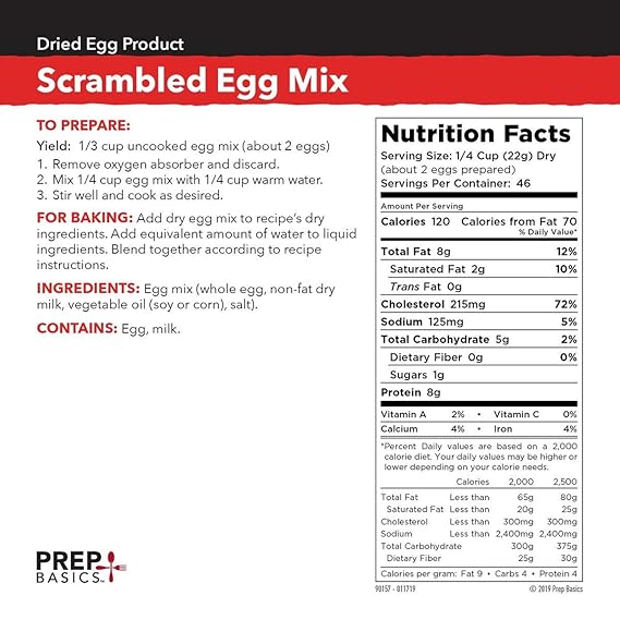 Prep Basics Scrambled Egg Mix Emergency Food Supply 11 040 Total Calorie 736 Totalg Protein Shelf Lifeup To 10 Years 36 Oz Can Pack Of 2 Amazon Com Grocery Gourmet Food