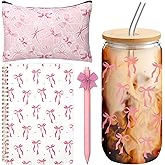 Boao 4 Pcs Coquette Pink Bow Gift Set Back to School Gift for First Day of School Party Favor, Glass Cup Pink Bow Notebook Cosmetic Bag Pens Bowknot Lined Notebook Stuff Coquette Party Favor