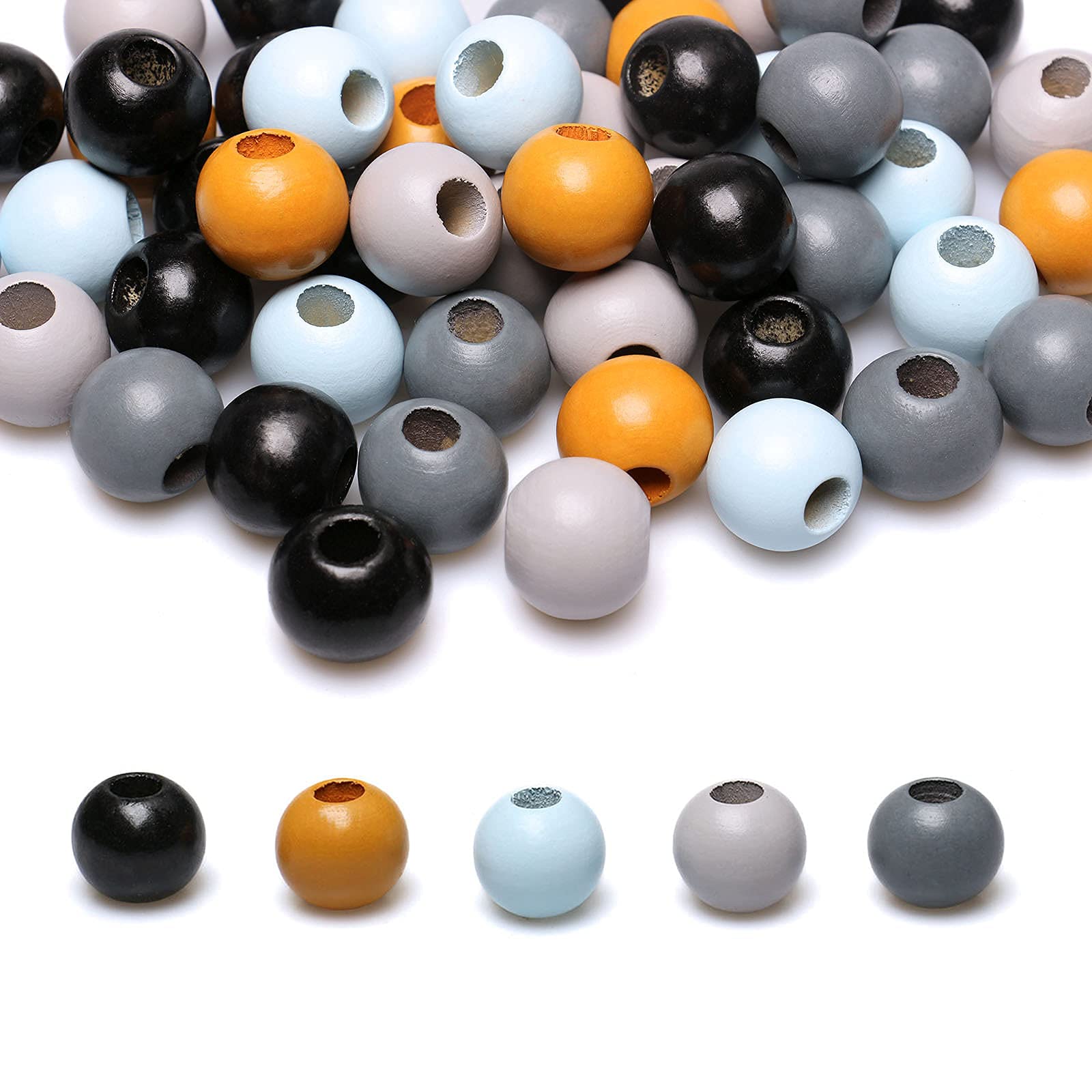 50Pcs 20mm Macrame Wood Beads, Mixed 5 Colors Large Hole Wooden Loose Beads for DIY Crafts Jewelry Making (8mm Hole)
