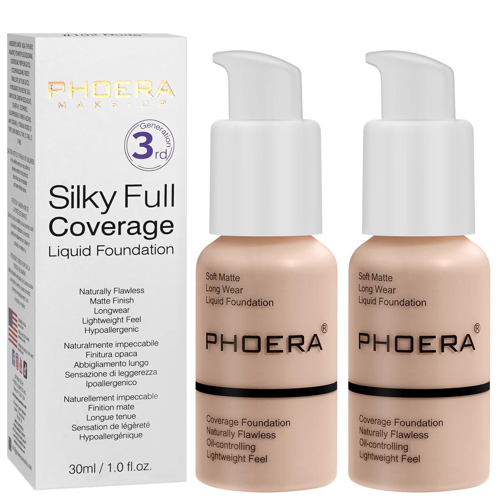 PHOERA Matte Liquid Foundation & Concealer, 24HR Oil Control, Full Coverage (2pcs - Porcelain) — image 1
