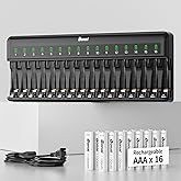Bonai Rechargeable AAA Batteries with Charger, 16 Bay Smart Fast Battery Charger with American AC Plug & 1100mAh High Capacity Pre-Charged Low Self-Discharge Leak Proof Triple A Batteries (16 Pack)