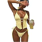 RoseSeek Women's 2 Piece Beaded Tankini Sets Halter Swimsuits Textured Backless Tie Side Bathing Suit