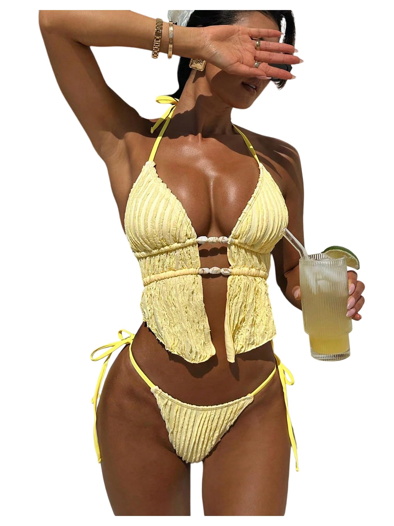 Photo 1 of RoseSeek Women's 2 Piece Beaded Bikini Sets Halter Swimsuits Textured Backless Tie Side Bathing Suit Yellow S