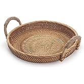Rattan Round Fruit Basket for Table Wicker Bread Tray with Handle for Serving Food, Crackers, Snacks (11inch D x 1.8inch H)
