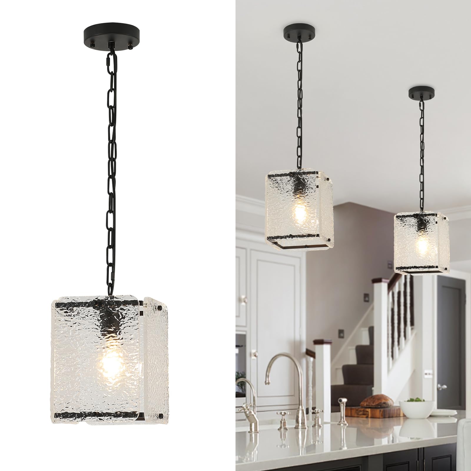 Bicrink Black Crystal Pendant Light for Kitchen Island Lights- Exquisite Elegant Chandelier with Water Ripple Glass - Height Adjustable - Dimmable - Great for Dining Room and Hallway., MT60026