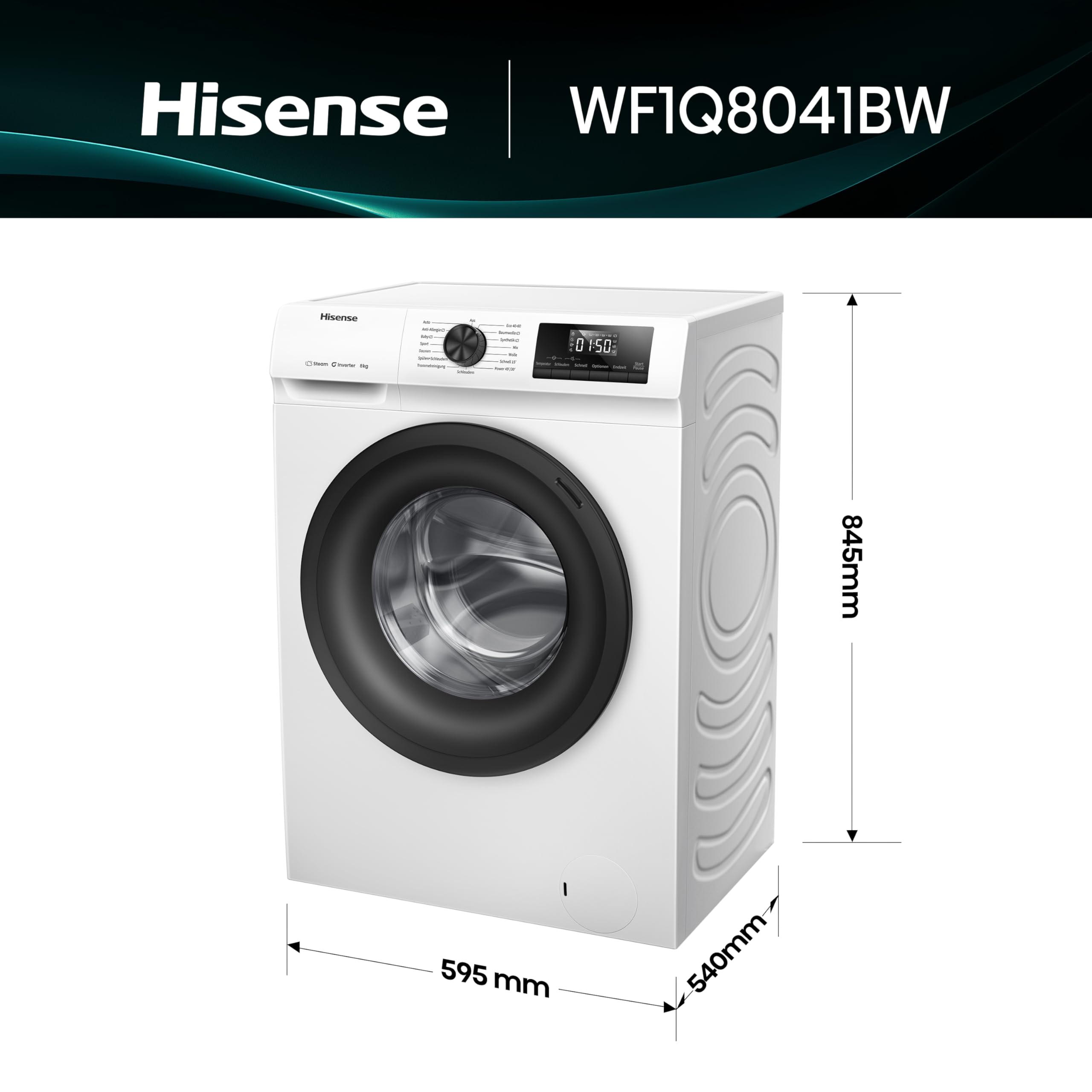 Hisense WF1Q8041BW Waschmaschine mit Dampffunktion /8KG /1400 U/Min /15 Programme/Anti-Allergie Programm/Baby-Wäsche/AutoWash/QuickWash/Daunen/Eco/Power 49' / Verzögertes Ende/EEK: A/Weiß 6