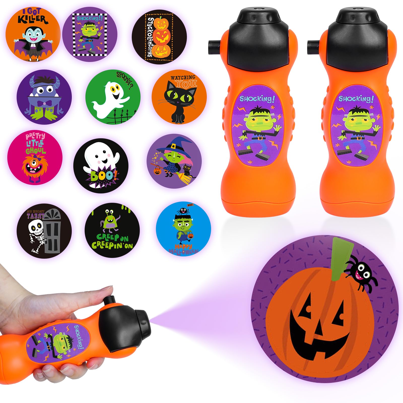 Photo 1 of AMENON 2 Pack Halloween Flashlight Projector for Kids, 24 Different Pattern Pumpkin Ghost Theme Images Projector Light Torch Flashlight Toys for Halloween Party Favors, Classroom Prizes, Party Gifts