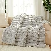 The Nantucket Blanket - LuxeComfort Faux Fur Striped Blanket 60"x70" Pebble Grey - Luxuriously Soft Cozy Warm Gift for Women, Plush Silky Fuzzy Heavyweight Reversible Design Home Decor