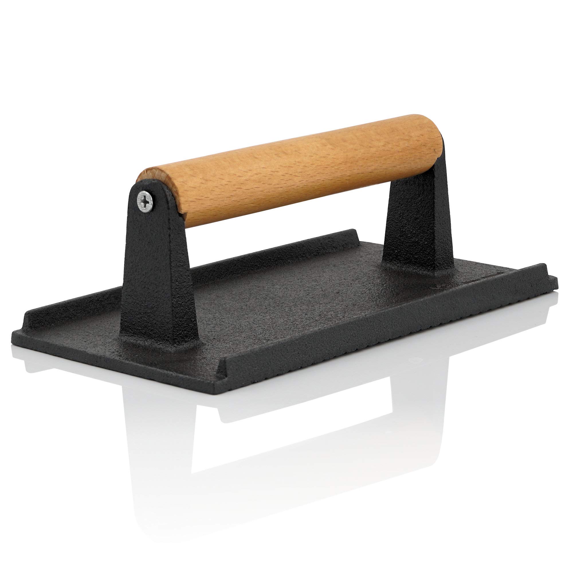 BBQ-Toro Cast Iron Meat Weight, 21 x 11 cm, 1.0 kg, Burger Grill Weight with Wooden Handle