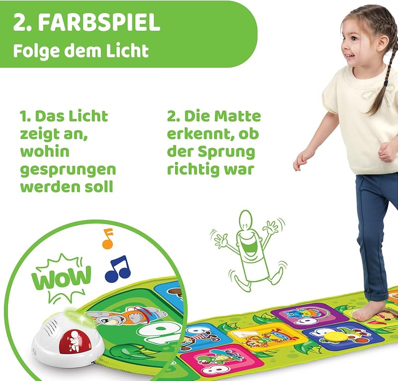 Jump & Fit Elektronische Hüpfmatte, Interaktives Spiel mit Lichtern und Geräuschen, Musikmatte für zu Hause, 2 Spielmodi, 150 cm, Kinderspielzeug von 2-5 Jahren