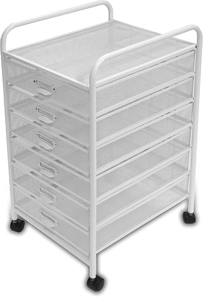 Osco White Wiremesh Cart | Document Trolley with 6 Drawers | Mobile Storage