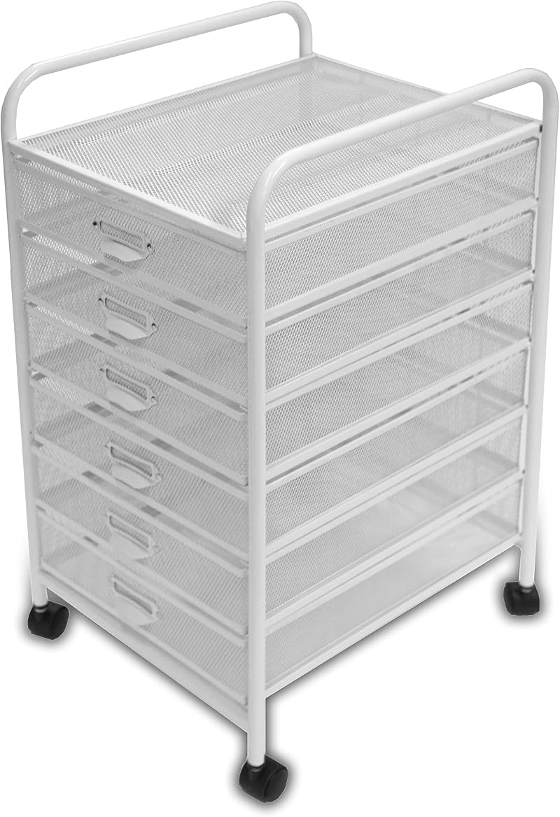 Osco White Wiremesh Cart | Document Trolley with 6 Drawers | Mobile Storage