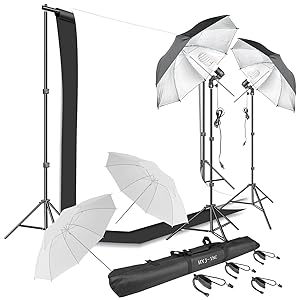 HYJ-INC Photography Umbrella Continuous Lighting Kit,Muslin Backdrop Kit(White Black), Backdrop Clips Clamp,10ft Photo Background Photography Stand System for Photo Video Studio Shooting