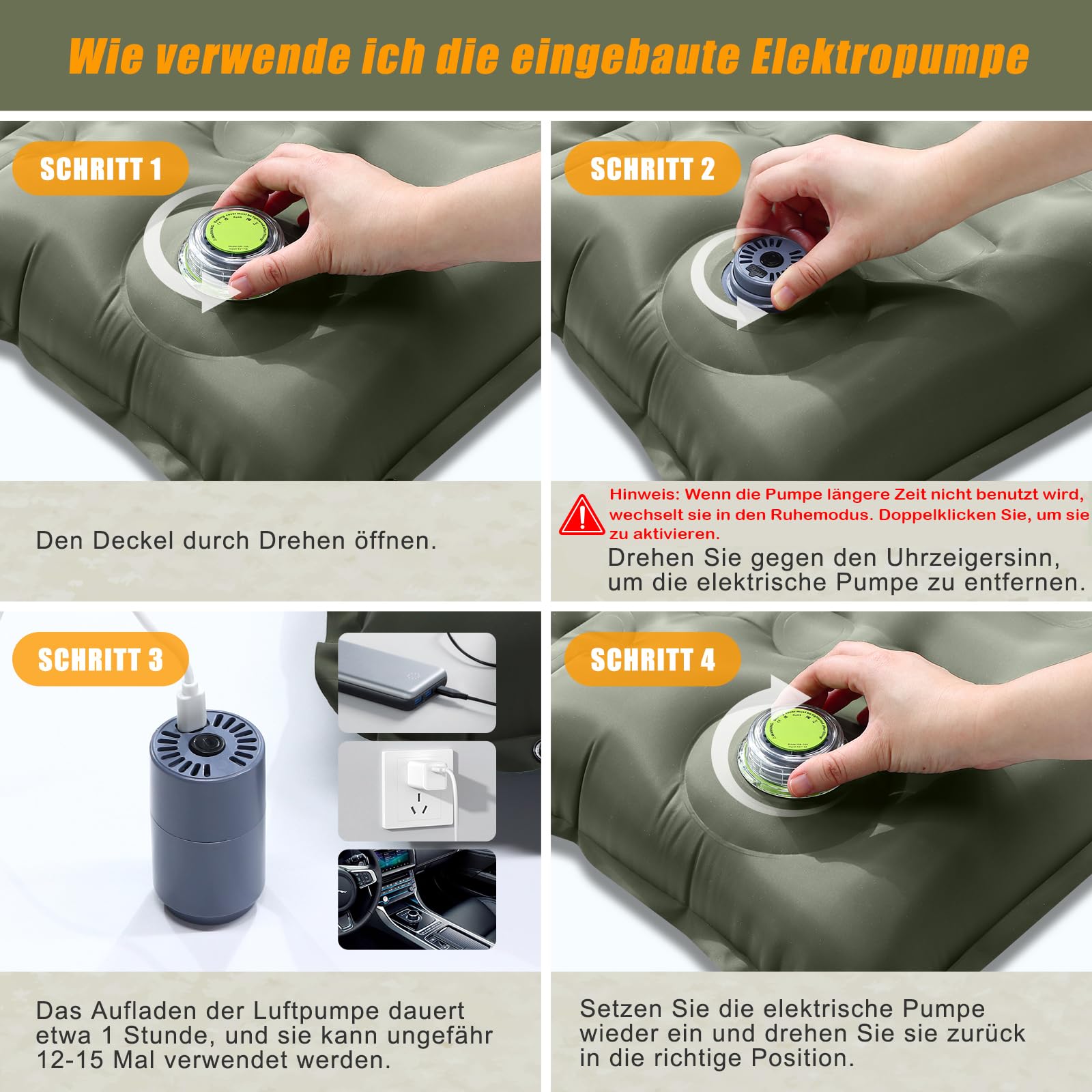 WARMTUYO Elektrisch Isomatte Camping, 12CM Verdicktes Aufblasbare Matratze mit Kissen, Wasserdicht Anti-Ripstop Luftmatratze Outdoor Schlafmatte für Wandern, Outdoor, Zelt 4