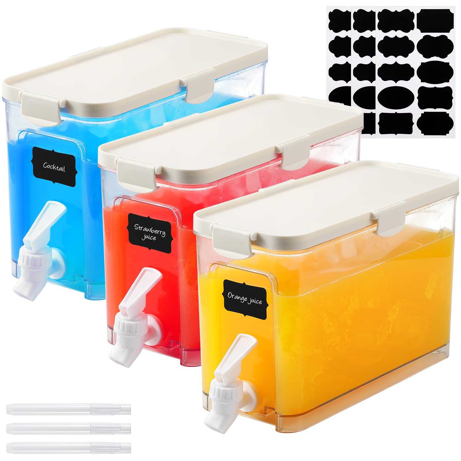 Photo 1 of SEE NOTES………Mumufy 3 Set Plastic Drink Dispensers for Parties Beverage Dispenser for Fridge with Spigot Iced Juice Lemonade Container with Labels and Pens Summer Party Supplies(1 Gallon,White)