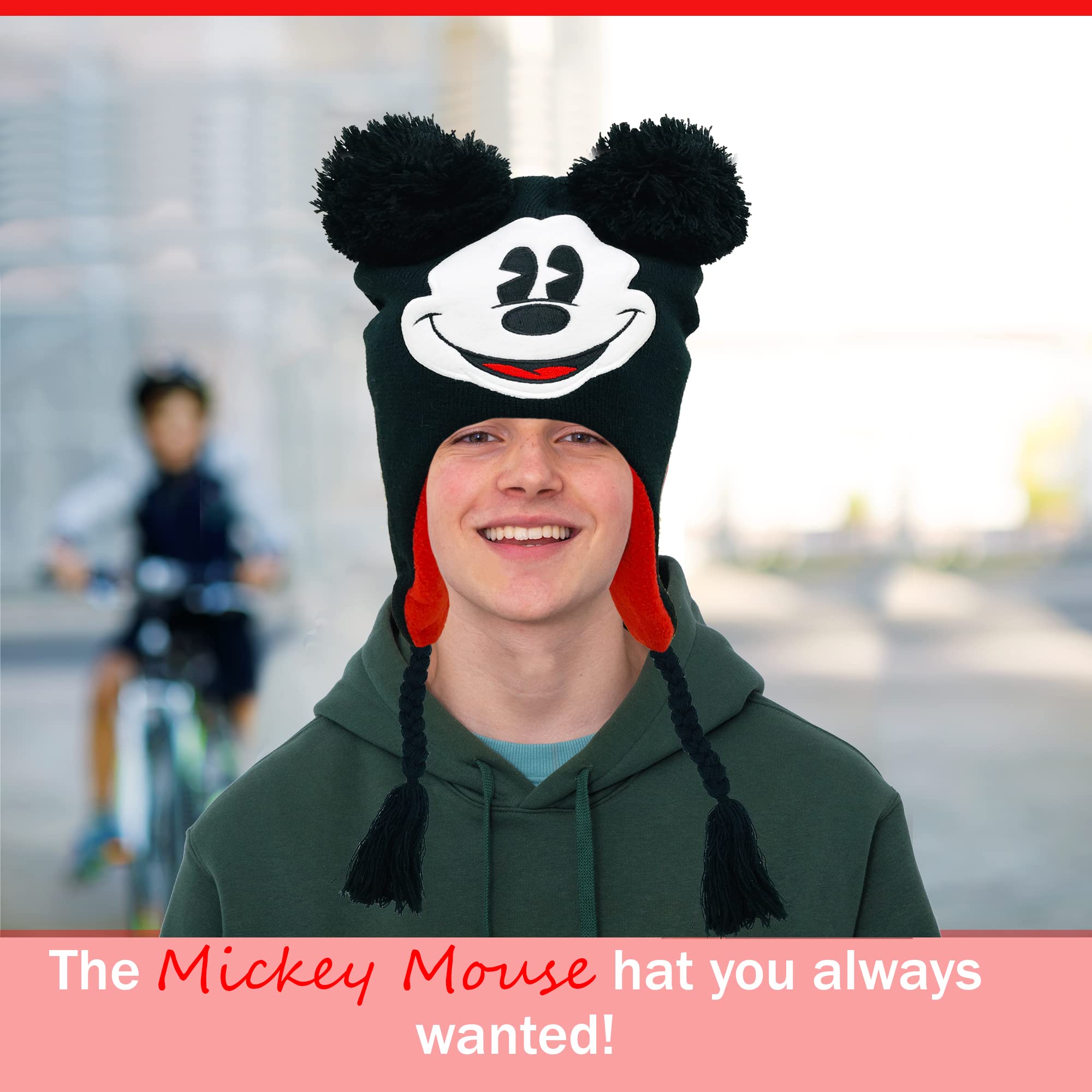 Disney Unisex Adult Mickey Mouse Acrylic Knit Winter Laplander Hat with Jumbo Knit Pom Ears and Knit Tassels Black
