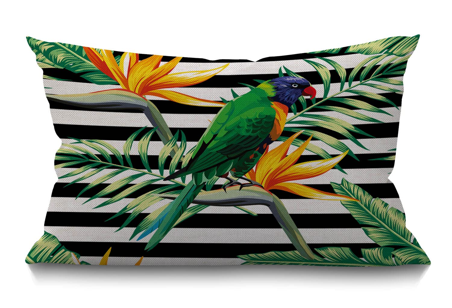 BGBDEIA Cushion Cover Parrot Bird Floral Exotic Tropical Plants Black and White Stripe Rectangular Throw Pillow Cover for Couch Sofa Home Decor Cotton Linen 12x20 Inch 30 x 50 cm