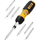 TGFTGF 7-in-1 Multi-Bit Magnetic Ratcheting Screwdriver, with 6PCS Long Double-Ended Bits in Handle, including PH, SL SQ, Hex and Torx Bit, TPR Ergonomic Anti-Slip Handle, Ratchet Screwdriver Set