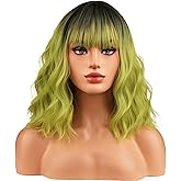 WTHCOS Ombre Green Wigs for Women Short Curly Wavy Green Wig for Girls Short Bob Wig With Bangs Heat Resistant Synthetic Wigs for Cosplay Costume Party (Green Ombre wig)