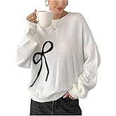 BEAUDRM Women's Bow Sweaters Crew Neck Long Sleeve Jumper Knit Sweater Pullover Tops