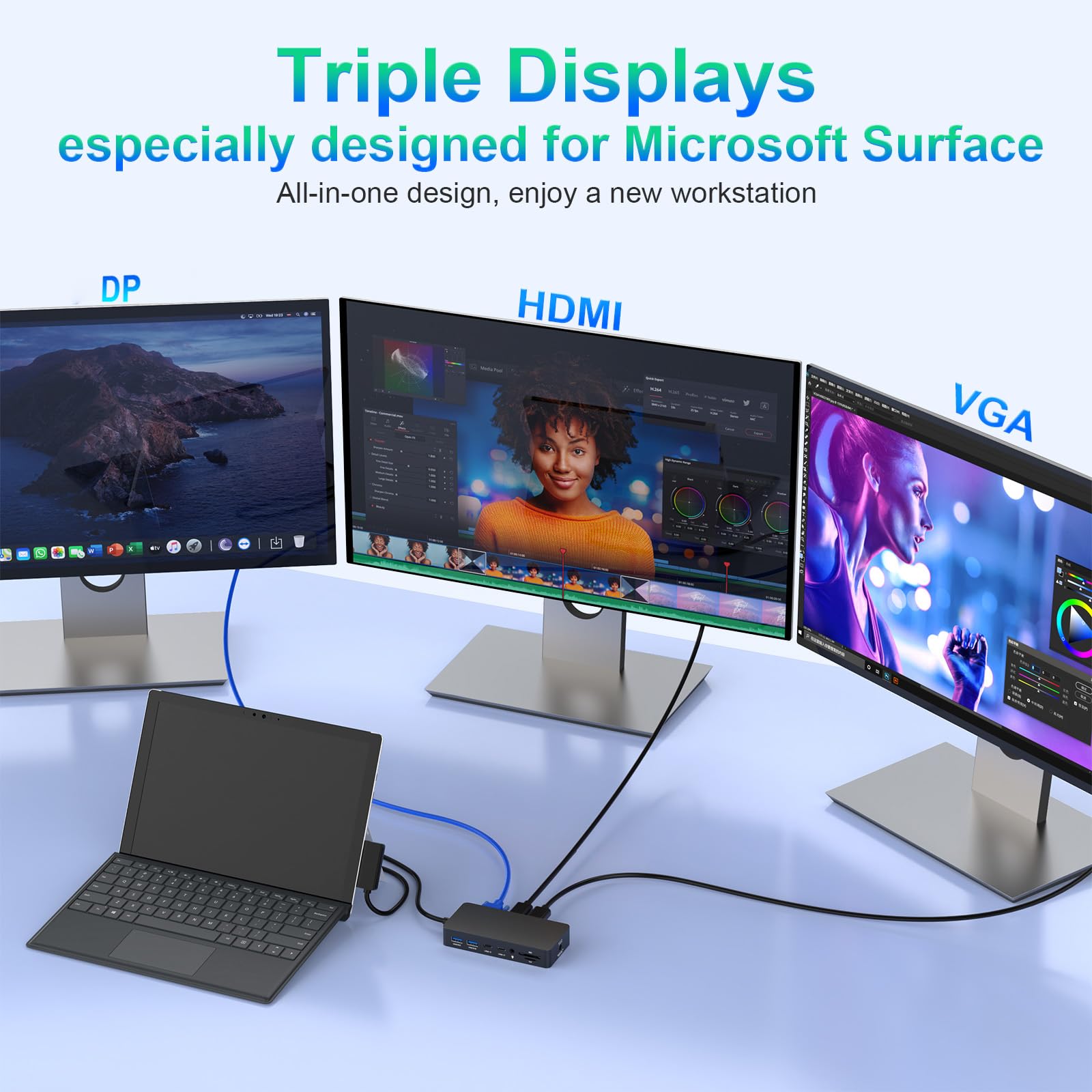 Microsoft Surface Dock Triple Displays Dual HDMI+VGA, 12 in