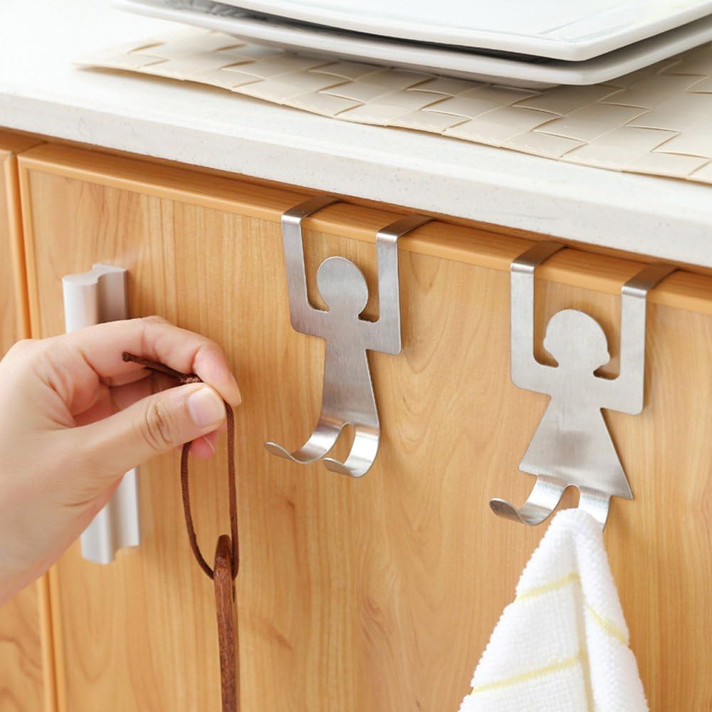 Masrin 2Pcs cartoon humanoid door back hook stainless steel lovers shaped hook kitchen hanger clothes storage rack tool (Silver)