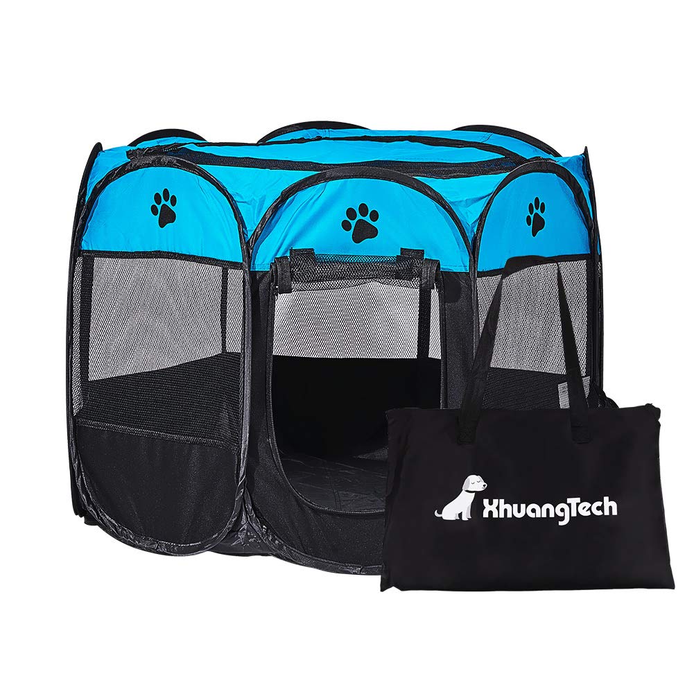 XianghuangTechnology Soft Fabric Portable Foldable Pet Dog Cat Puppy Playpen Indoor Outdoor use Pet Kennel Cage D31.5 Inch x H23 Inch (Blue and Black)