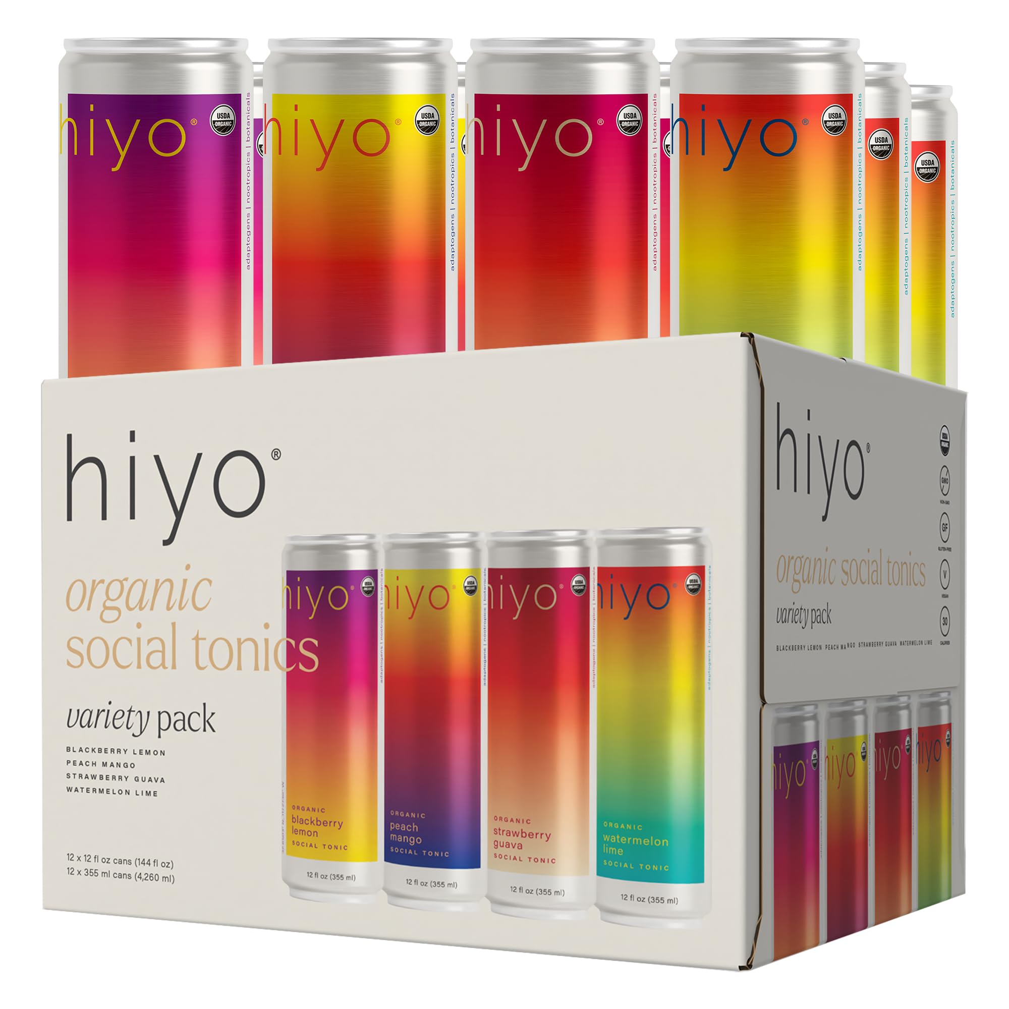 Photo 1 of Hiyo Organic Social Tonic – Variety Pack, 12 Pack - N.A. Functional Seltzer, Sparkling Water Crafted with Organic Adaptogens, Nootropics & Botanicals
