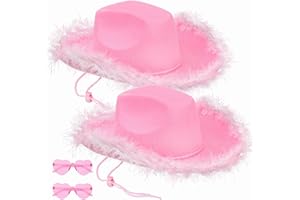 Noamus 2 Pack Cowgirl Hat and Glasses, Pink Funcredible Fluffy Cowboy Hat Set, Sparkly Cowgirl Hats with Fluffy Feather Brim, Cow Girl Costume Accessories for Women, Theme Party, Adult Size