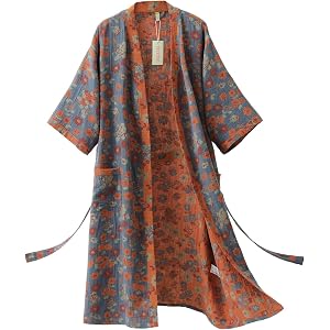 TLYZTLY Women's Cotton Gauze Robe Kimono with Pockets Plus Size | 100% Double-layer Gauze. Lightweight Breathable with Floral