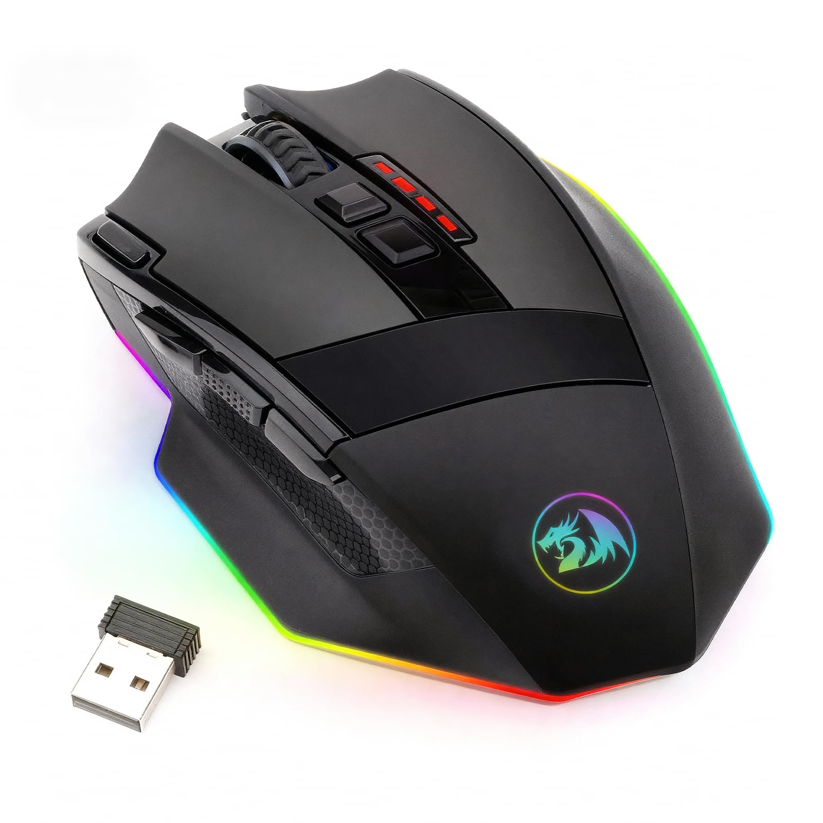 Redragon M801 Ratón inalámbrico para juegos, ratón RGB para juegos con MMO 9 botones de edición macro programables, hasta 16000 DPI ajustables, botón de disparo rápido para juegos, Windows, PC - inalámbrico, negro