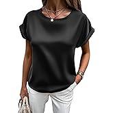 HOTOUCH Women's Short Sleeve Pullover Blouses Satin Silk Shirts Casual Loose Work Tunic Tops