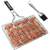 Fish Grill Basket, Stainless Steel BBQ Basket for Vegetables and Shrimp | Folding Portable Grill Basket with Removable Handle, Come with Basting Brush and Storage Bag