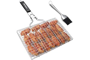 Fish Grilling Basket, Penobon Folding Portable Stainless Steel BBQ Grill Basket for Fish Vegetables Shrimp with Removable Han