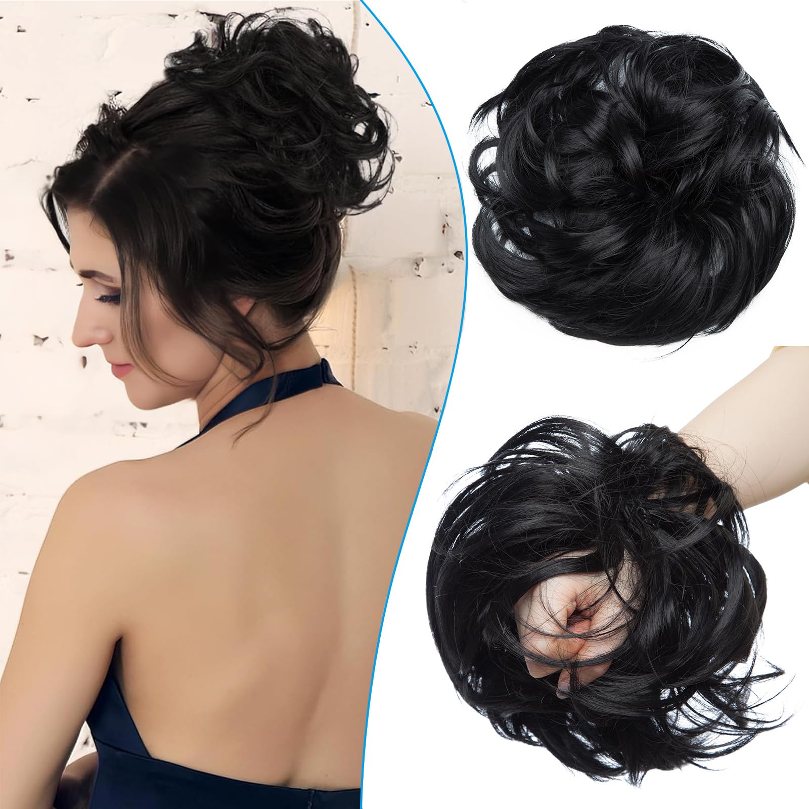 Messy Updo Buns for Women - Synthetic Hair Ponytail Scrunchies Donut Chignons Hairpieces Extensions - Dark Black