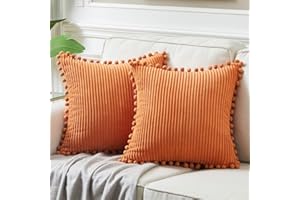 Fancy Homi Pack of 2 Corduroy Fall Decorative Throw Pillow Covers with Pom-poms, Solid Square Cushion Case Pillow Cases Set for Couch Sofa Bedroom Car Living Room (18x18 Inch/45x45 cm, Orange)