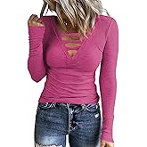 Poetsky Women's Casual V Neck Criss Cross Shirts Long Sleeve Tunic Tops Ribbed Knit Slim Fitted Tee