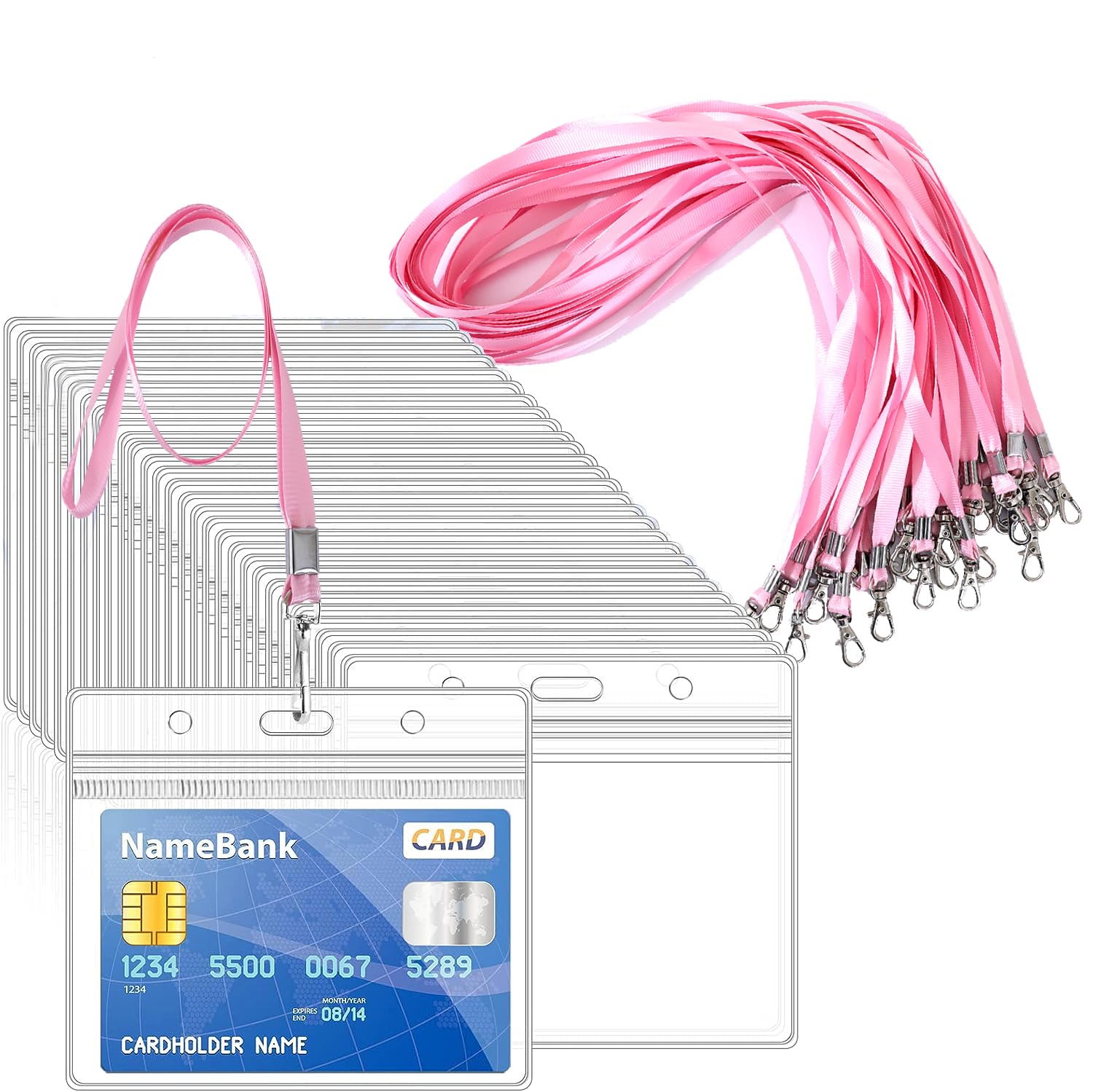 15pcs Pink Lanyards for Neck with 15pcs Card Holder, Clear Plastic ID Card Holder and Lanyard, Horizontal Sealable Waterproof Name Badge Holders with Lanyard for ID Cards, Office, School, Bus Passes