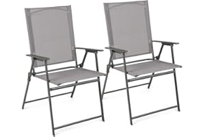Giantex Patio Folding Chairs, Outdoor Lawn Chairs with Rustproof Metal Frame, Portable Dining Chairs for Porch, Deck, Garden, Backyard, Camping (1 Count (Pack of 2), Gray)