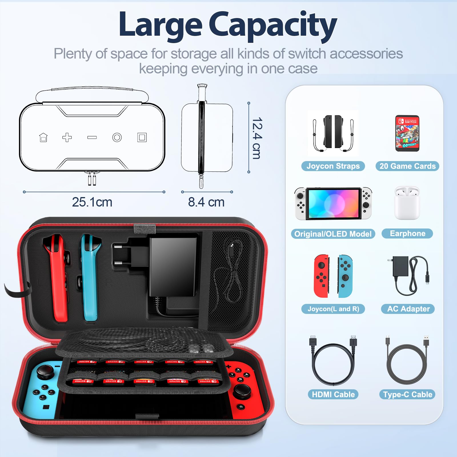 OIVO Switch Tasche für Nintendo Switch/OLED-Modell, große Tragetasche für Joycon und EU Netzteil, Harte Hülle mit Aufbewahrung für 20 Spiele & Zubehör, Rot 3