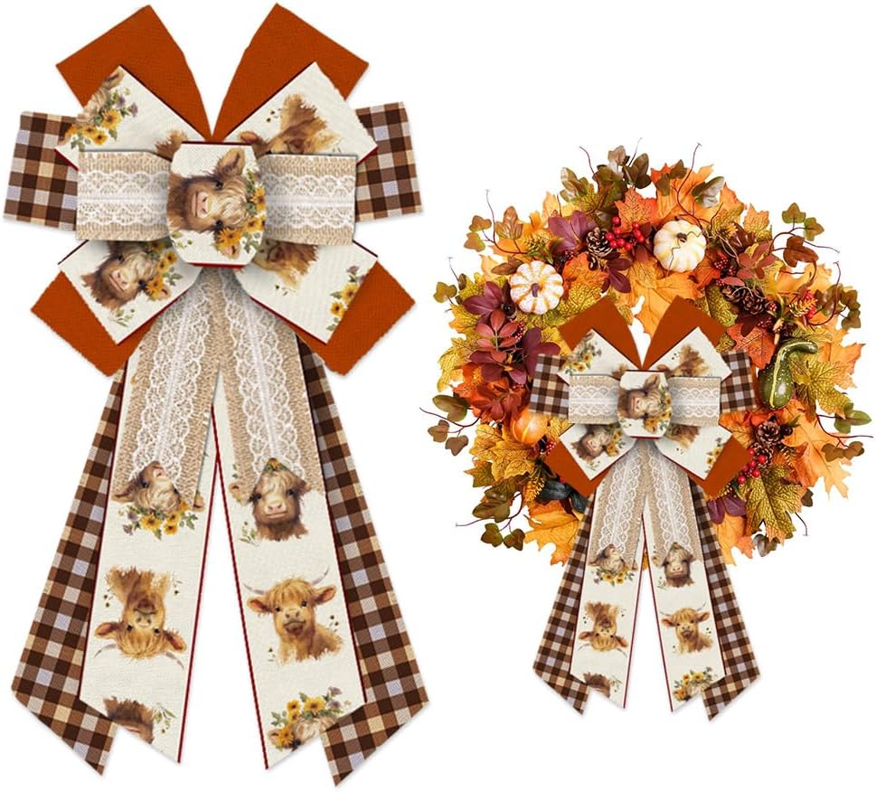 Bows & Ribbons - ALIBBON Large Fall Bows for Wreaths, Thanksgiving Wreath Bows, Flower Animal Cow Bows, Brown Buffalo Plaid Bows for Front Door, Fall Thanksgiving Decor, Burlap Bows for Wreath Indoor Outdoor Decor