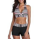 Zando Boyshort Two Piece Swimsuits for Women - Modest Sporty Full Coverage Push Up Bikini Set Halter Bathing Suit for Beach