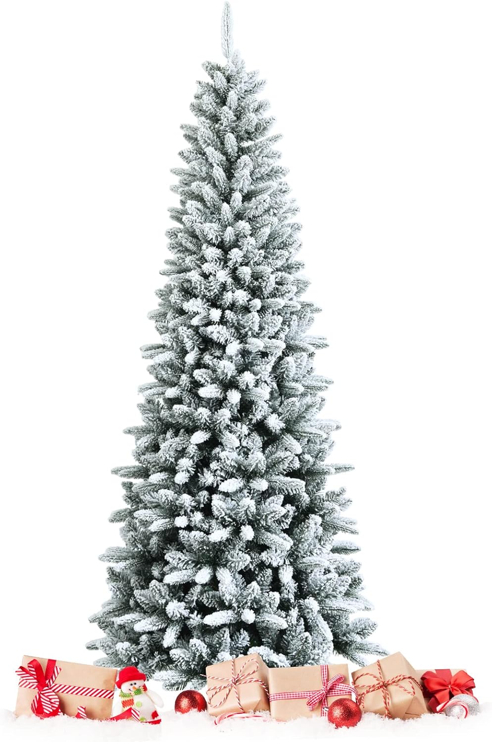 Trees - Happygrill 7.5FT Snow Flocked Pencil Christmas Tree Hinged Slim Artificial Xmas Tree with 1189 Branch Tips, Metal Stand, Skinny Realistic Christmas Tree for Festival Celebration